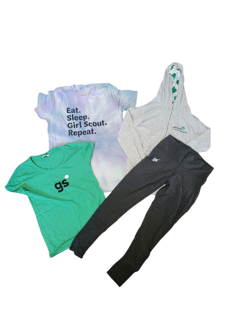 Girl Scout Active Set Green Tee, Tie-Dye Tee, Gray Hoodie & Grey Leggings Small